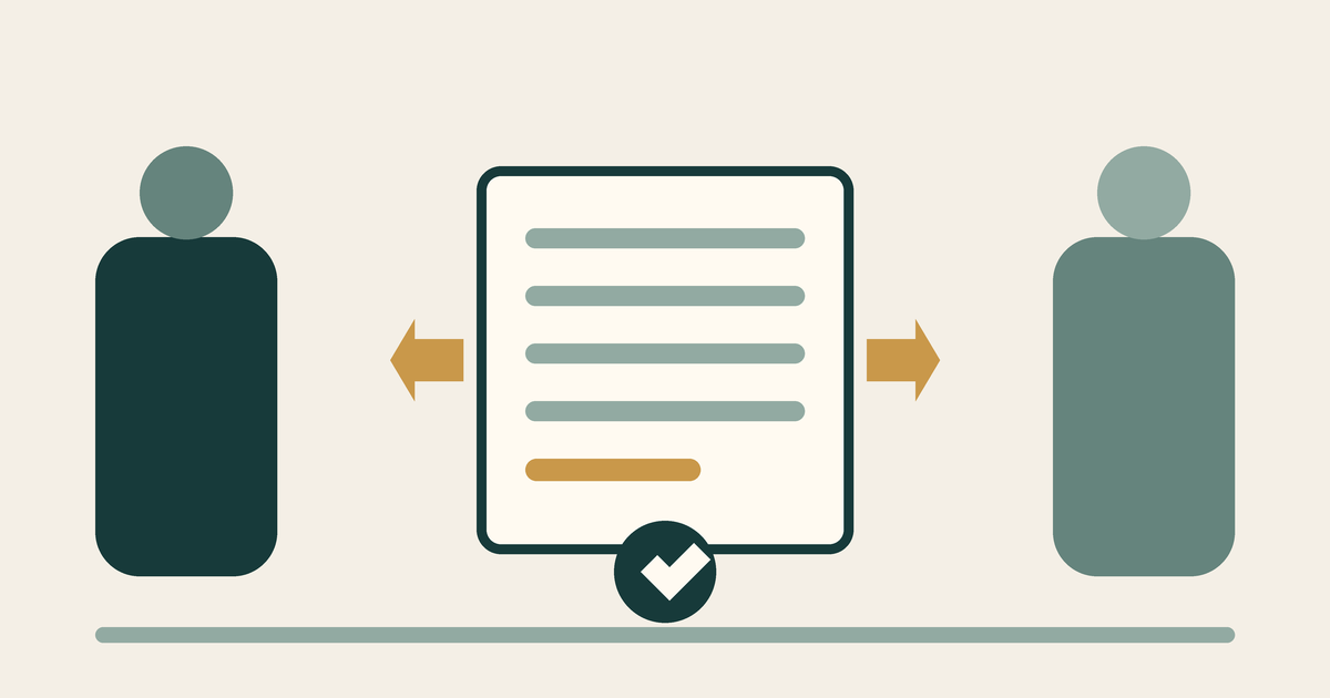 Abstract disclosure document passing between two neutral shapes beside a simple check mark.