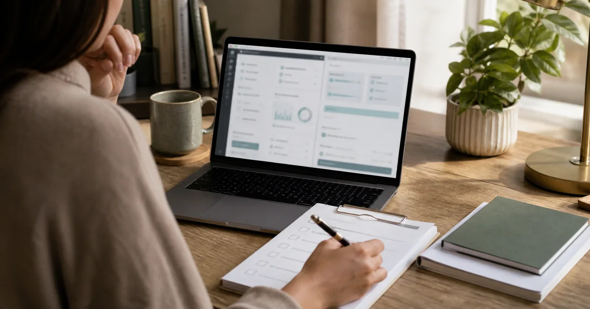 Person reviewing a credit report on a laptop beside a paper checklist and homebuying notes.