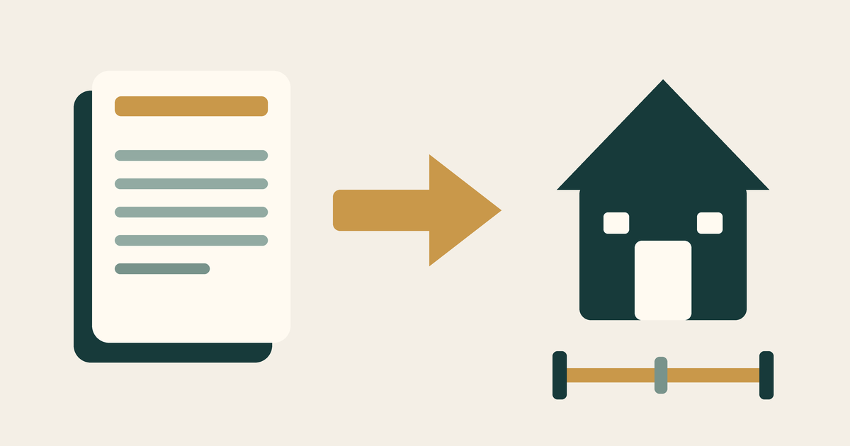 Flat illustration of a stack of application documents beside a house and a horizontal bar marking a price range between two bounds.